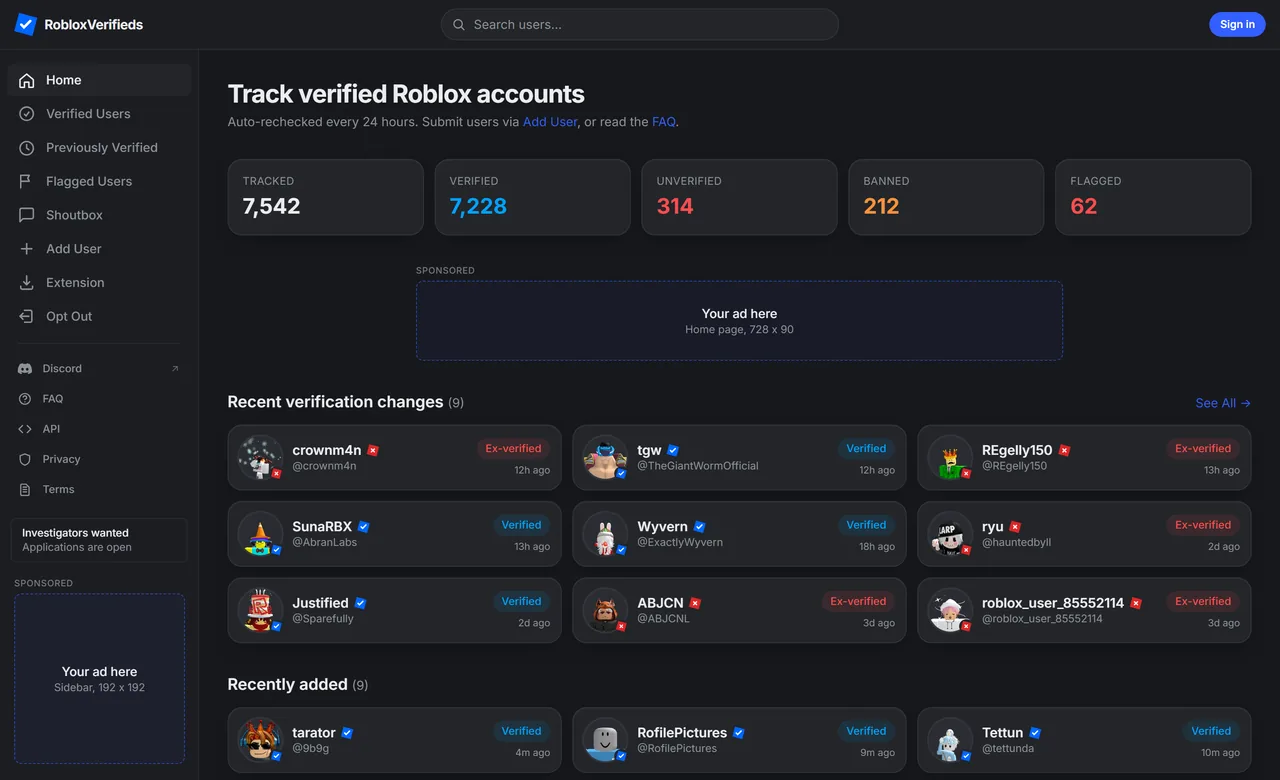 The home page with the banner spot under the stats