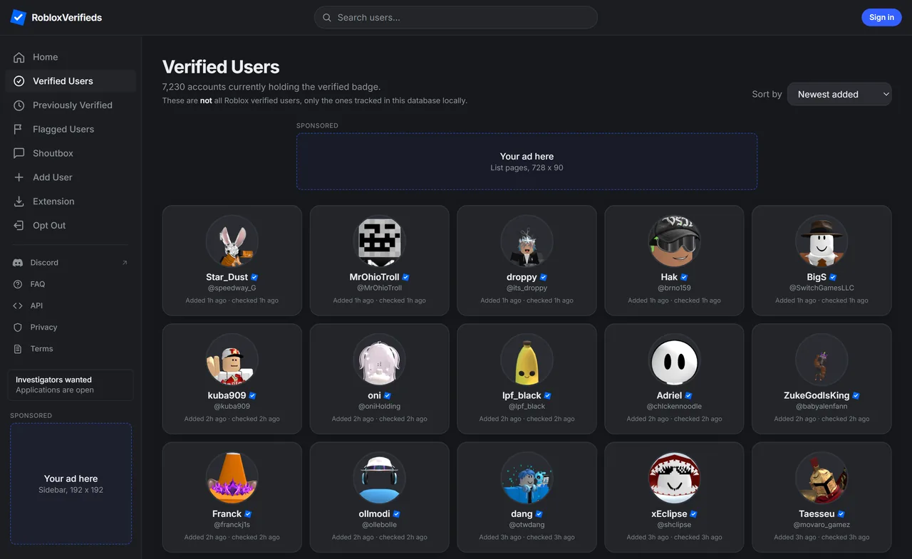The Verified Users list with the banner spot above it