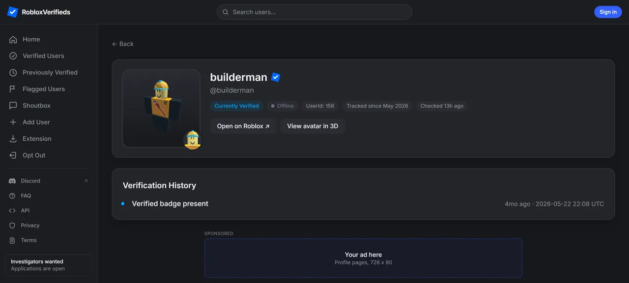 A profile page with the banner spot under the verification history