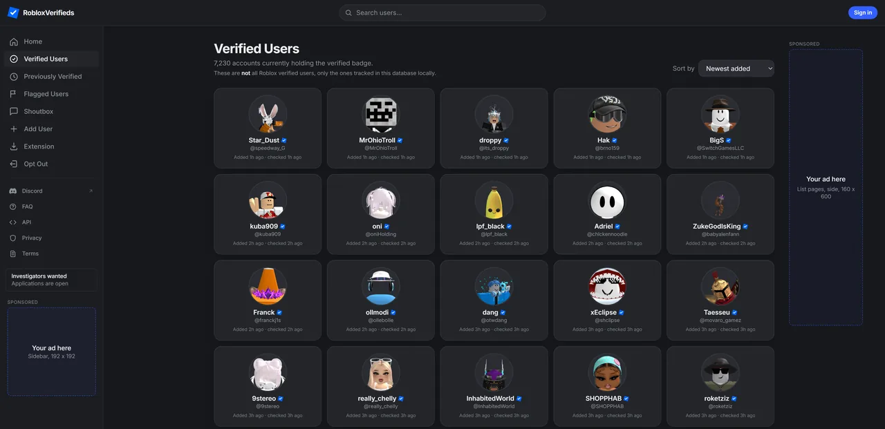 A wide screen showing the tall ad beside the Verified Users list